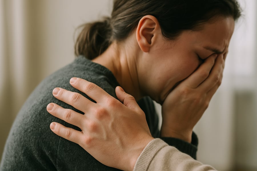 A comforting hand on a grieving person's shoulder